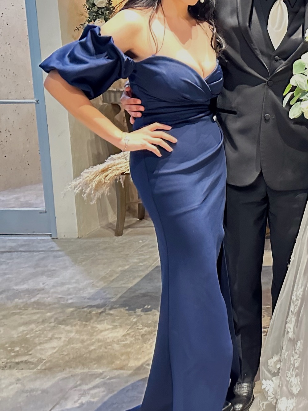 Emerald Sundae Navy off Shoulder Evening Gown